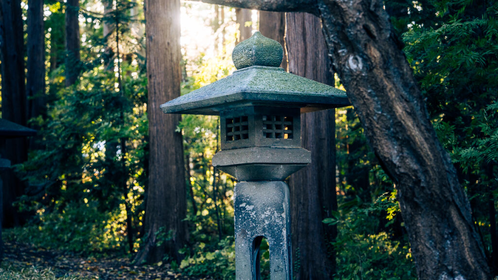 Close-up of a stone lantern with sunlight filtering through trees in Sapporo’s Hokkaido-Jingu.