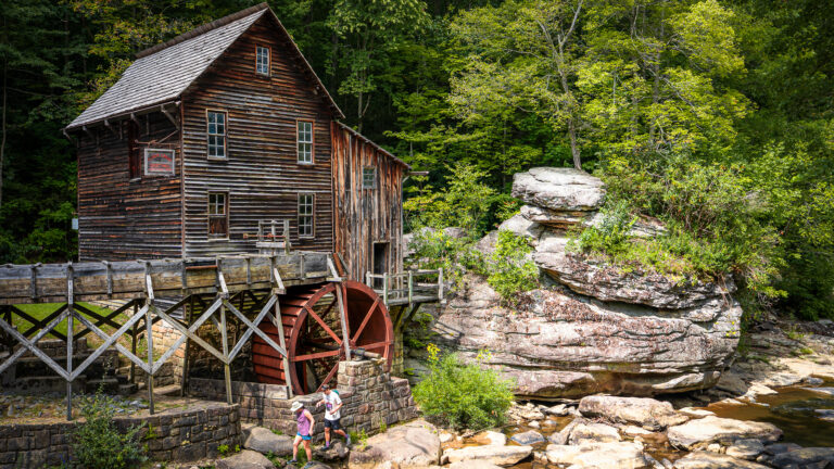 The Glade Creek Grist Mill at Babcock State Park, a 1976 replica of the historic Cooper’s Mill, set along Glade Creek in West Virginia.