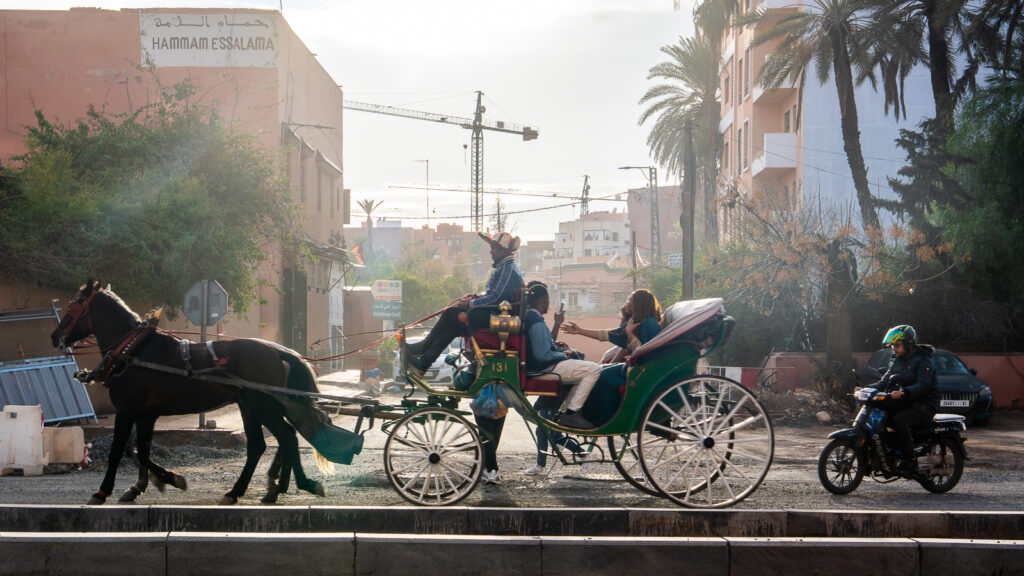 Horse-drawn carriage moving through Marrakech traffic
