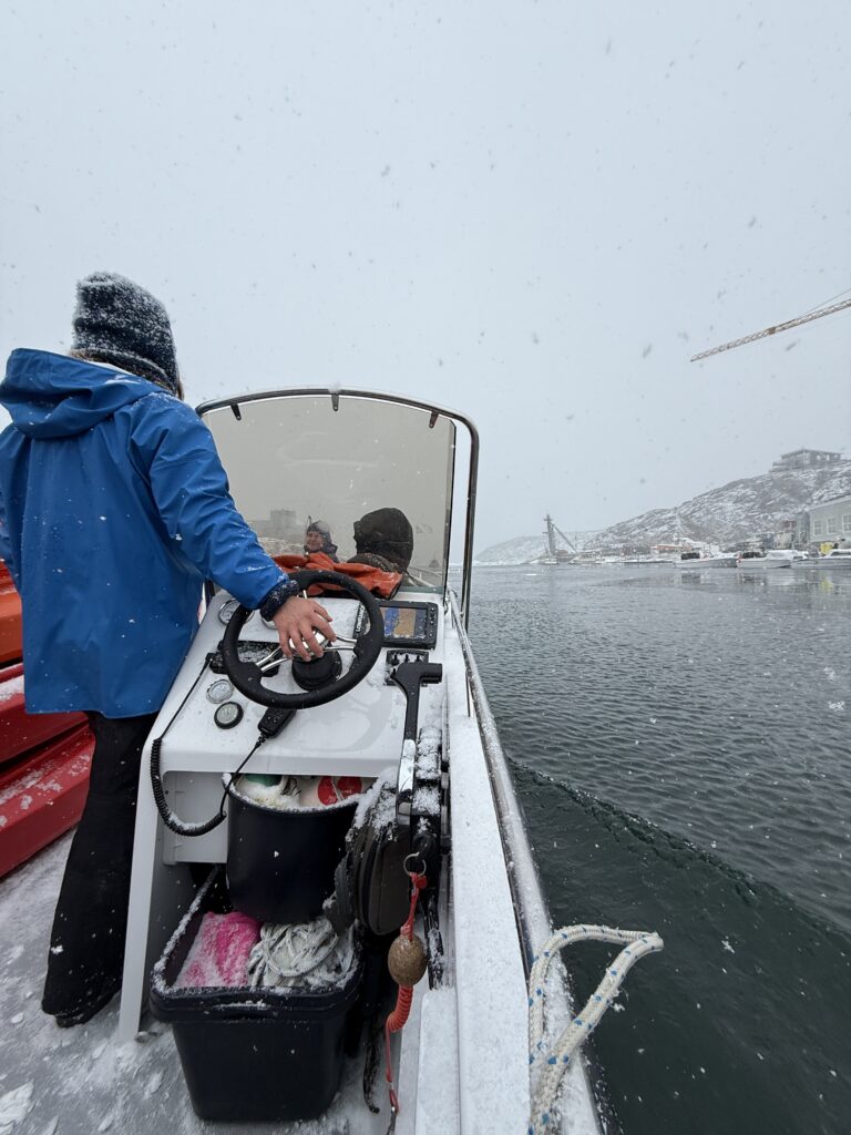 Captain steering a small launch boat toward the kayaking area in Disko Bay.