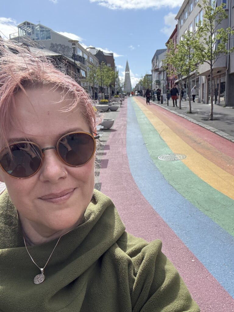 selfie on Rainbow Road in Reykjavik