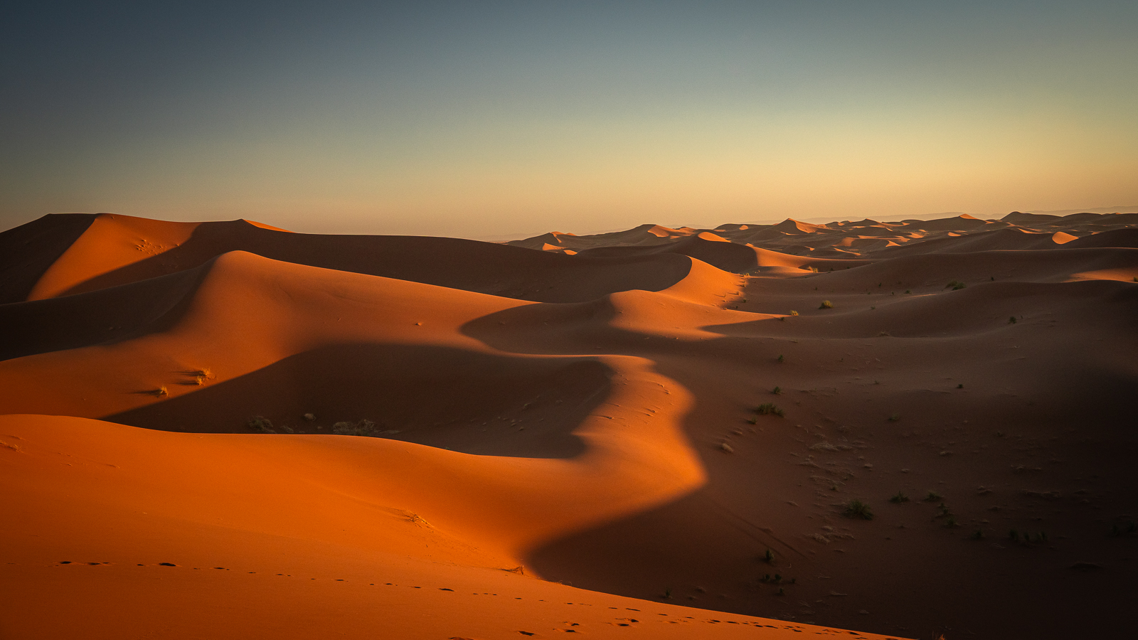 Wide reddish dunes with S-shaped shadows running along their slopes near Erg Chigaga.