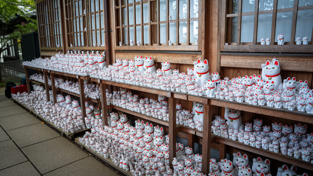 Wide view of shelves densely filled with lucky cats outside the main hall.
