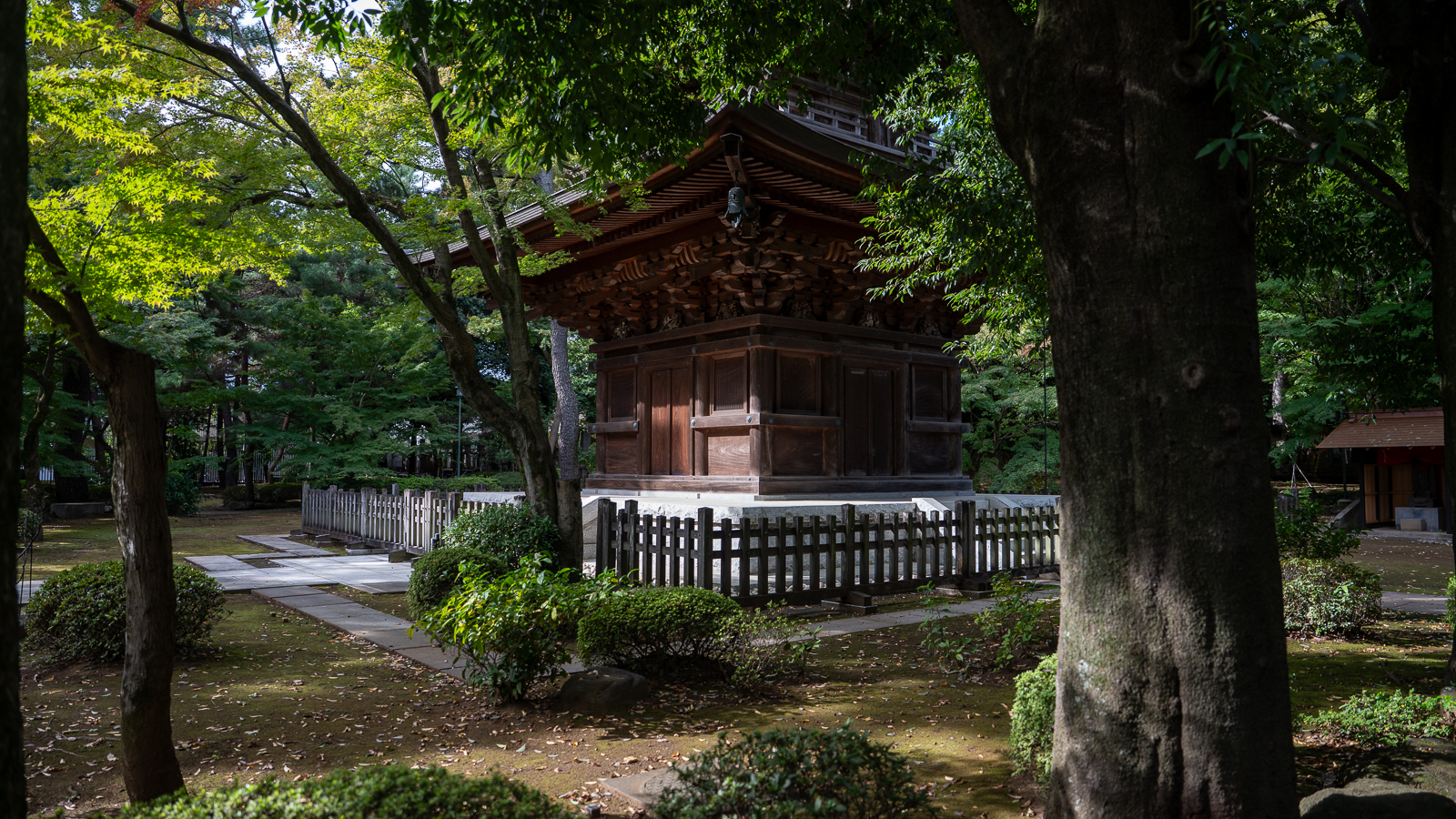 Ground-level view of Gotokuji’s pagoda surrounded by trees and shadows.