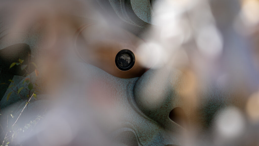 Lion’s eye in focus seen through blurred omikuji fortunes at Namba Yasaka Shrine.