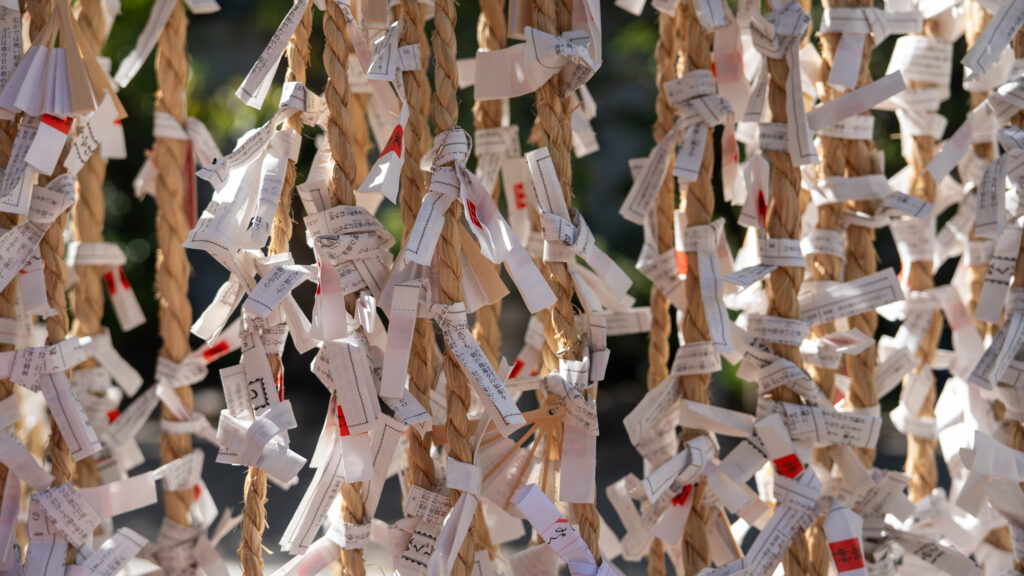 Close-up of many omikuji paper fortunes tied together at a Japanese shrine.