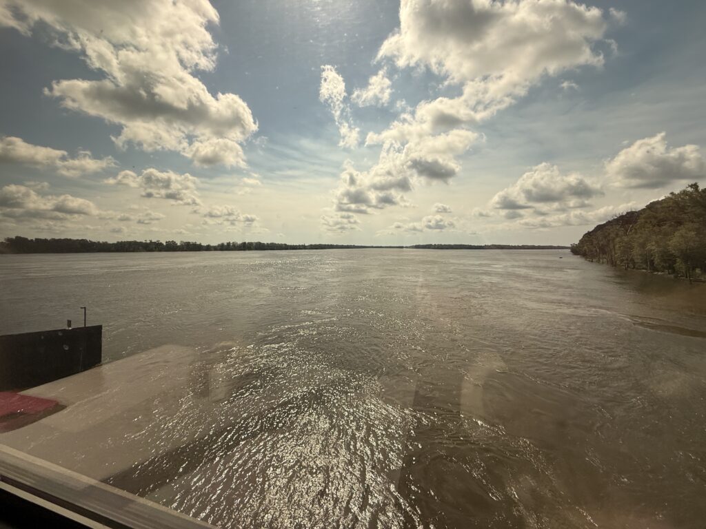 Mississippi River seen from the train as it crosses a bridge.